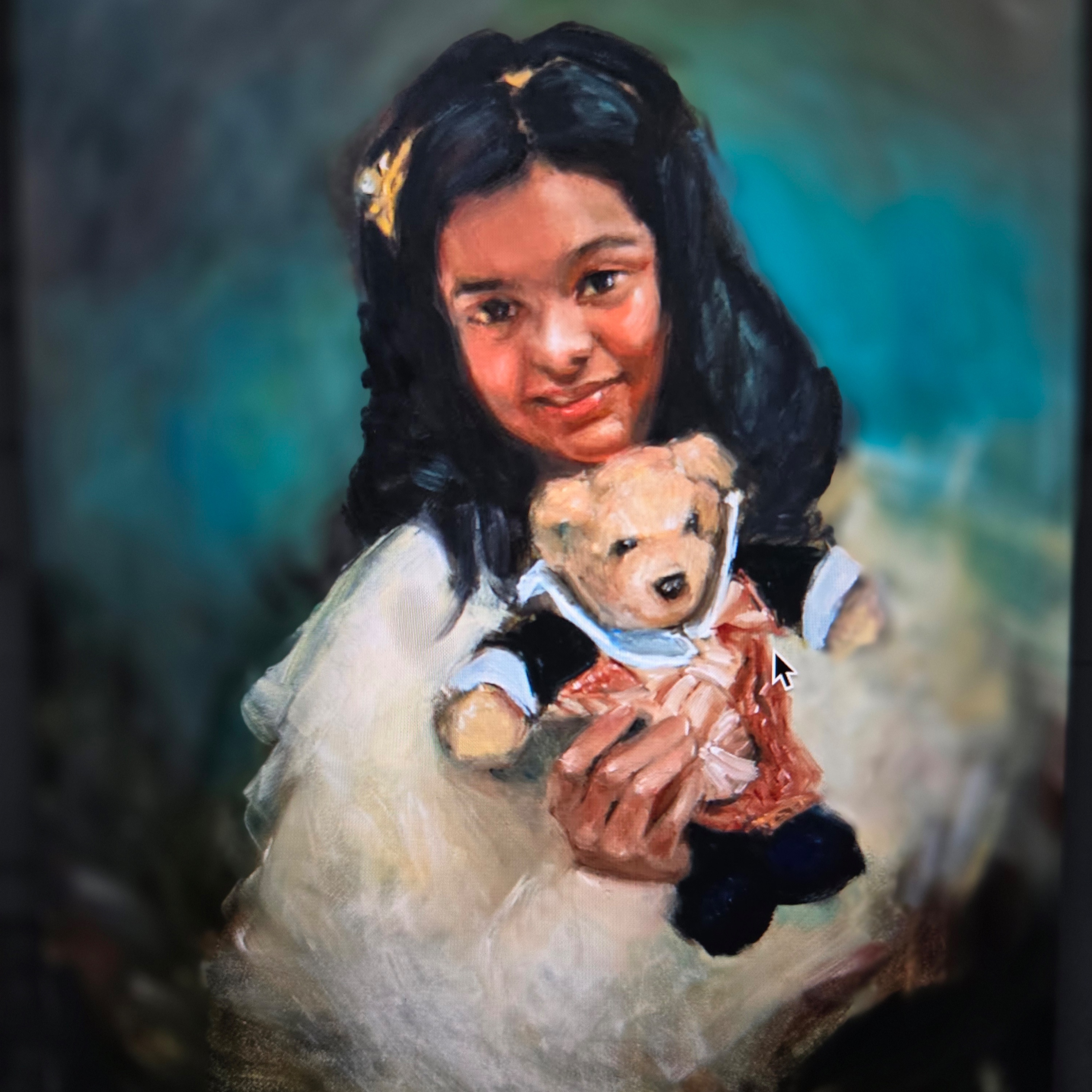Oil painting portrait of Danielle as a child, holding her teddy bear. Painted by Sasha Latypova.