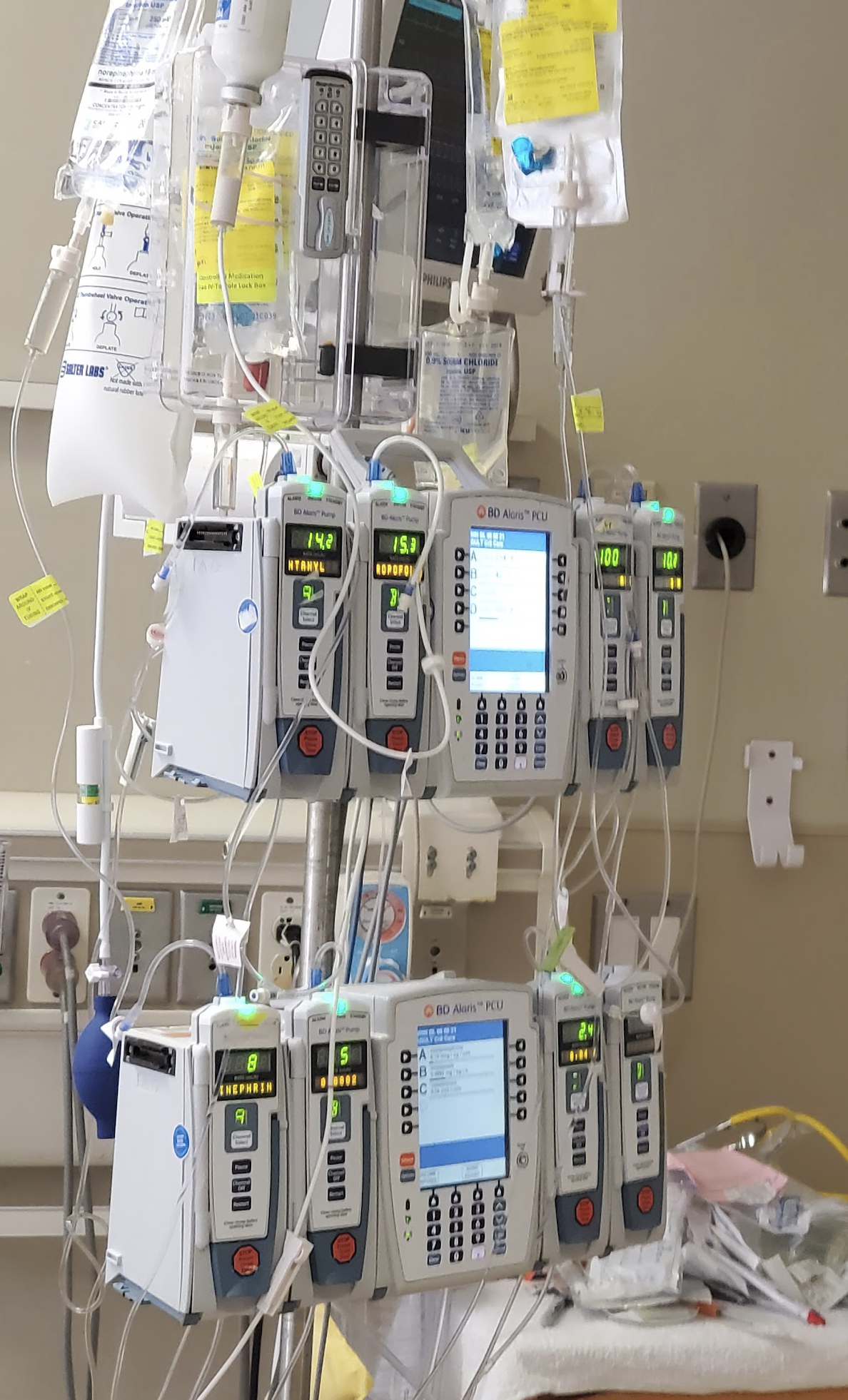 The infusion pumps beside Danielle's bed — FENTANYL, PROPOFOL, EPINEPHRINE labels visible.